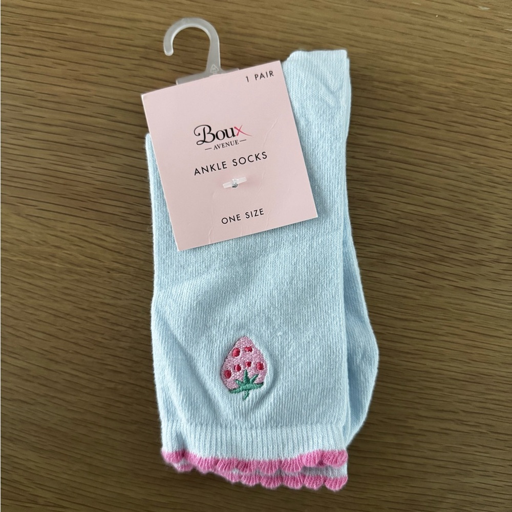 Boux Avenue Baby Blue Ankle Socks Strawberry Embroidery